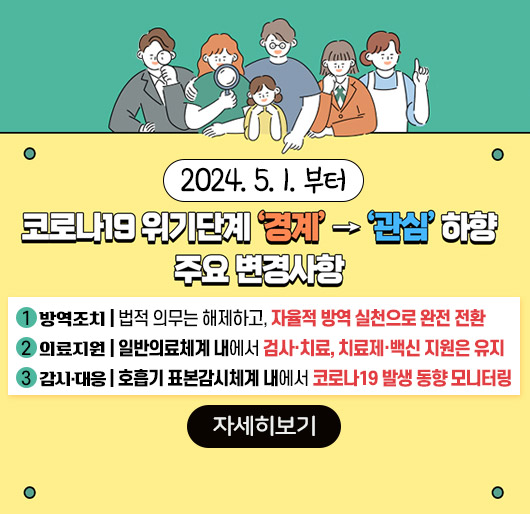 2024. 5. 1. 부터
코로나19 위기단계 '경계' →'관심' 하향
주요 변경사항
1 방역조치 : 법적 의무는 해제하고, 자율적 방역 실천으로 완전 전환
2 의료지원 : 일반의료체계 내에서 검사·치료, 치료제·백신 지원은 유지
3 감시·대응 : 호흡기 표본감시체계 내에서 코로나19 발생 동향 모니터링
자세히보기