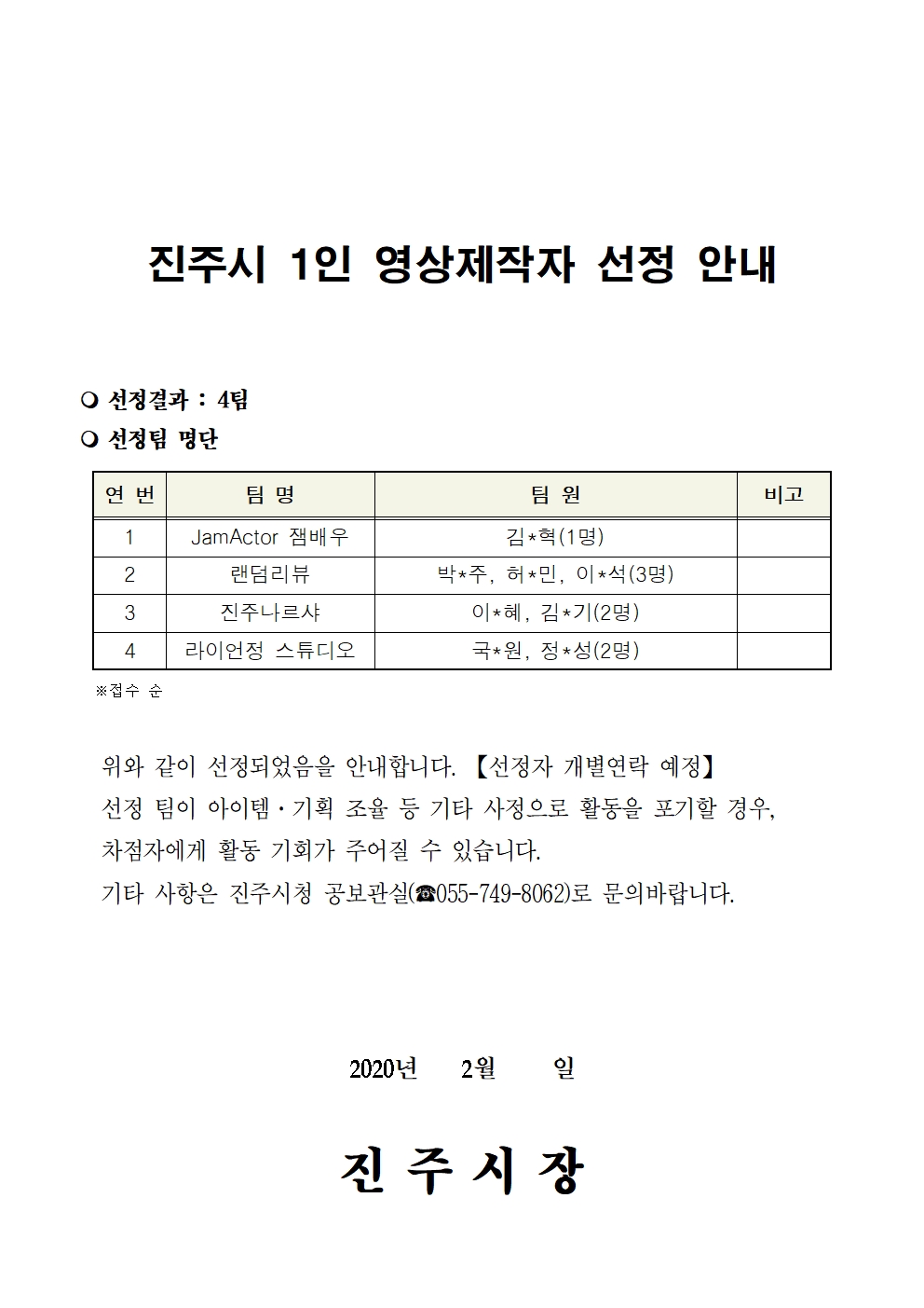 진주시 1인 영상제작자 선정 결과 