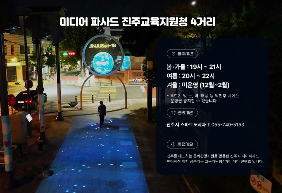 진주 미디어 파사드 인터렉션 체험 안내 놀이시간 봄가을 : 19~21시, 여름 : 20~22시, 겨울 : 미운영(12월~2월) 혹한기 및 눈,비,태풍 등 악천후 시에는 운영을 중지할 수 있습니다.