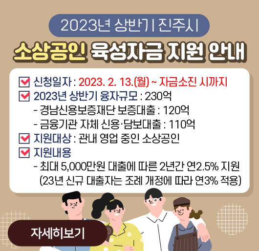 2023년 상반기 진주시 소상공인 육성자금 지원 안내
신청일자: 2023. 2. 13.(월) ~ 자금소진 시까지
2023년 상반기 융자규모 : 230억
- 경남신용보증재단 보증대출 : 120억
- 금융기관 자체 신용·담보대출 : 110억
지원대상 : 관내 영업 중인 소상공인
지원내용
- 최대 5,000만원 대출에 따른 2년간 연2.5% 지원
(23년 신규 대출자는 조례 개정에 따라 연3% 적용)
자세히보기