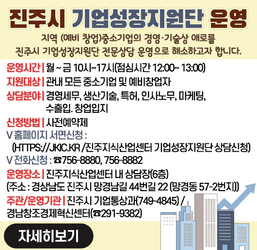 진주시 기업성장지원단 운영
지역 (예비 창업)중소기업의 경영·기술상 애로를 진주시 기업성장지원단 전문상담 운영으로 해소하고자 합니다.
운영시간 : 월 ~ 금 10시~17시(점심시간 12:00~ 13:00)
지원대상 : 관내 모든 중소기업 및 예비창업자
상담분야 : 경영세무, 생산기술, 특허, 인사노무, 마케팅, 수출입. 창업입지
신청방법 : 사전예약제
- 홈페이지 서면신청(https://jkic.kr /진주지식산업센터 기업성장지원단 상담신청)
- 전화신청 : ☎756-8880, 756-8882
운영장소 : 진주지식산업센터 내 상담장(6층)
(주소 : 경상남도 진주시 망경남길 44번길 22 (망경동 57-2번지))
주관/운영기관 : 진주시 기업통상과(749-4845)/경남창조경제혁신센터(☎291-9382)
자세히보기