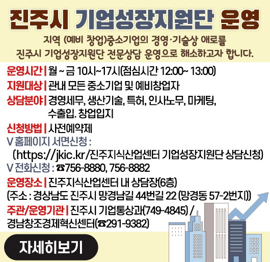 진주시 기업성장지원단 운영
지역 (예비 창업)중소기업의 경영·기술상 애로를 진주시 기업성장지원단 전문상담 운영으로 해소하고자 합니다.
운영시간 : 월 ~ 금 10시~17시(점심시간 12:00~ 13:00)
지원대상 : 관내 모든 중소기업 및 예비창업자
상담분야 : 경영세무, 생산기술, 특허, 인사노무, 마케팅, 수출입. 창업입지
신청방법 : 사전예약제
- 홈페이지 서면신청(https://jkic.kr /진주지식산업센터 기업성장지원단 상담신청)
- 전화신청 : ☎756-8880, 756-8882
운영장소 : 진주지식산업센터 내 상담장(6층)
(주소 : 경상남도 진주시 망경남길 44번길 22 (망경동 57-2번지))
주관/운영기관 : 진주시 기업통상과(749-4845)/경남창조경제혁신센터(☎291-9382)
자세히보기