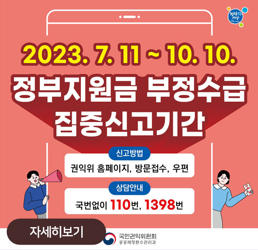 2023. 7. 11~10. 10.
정부지원금 부정수급 집중신고기간
신고방법:권익위 홈페이지, 방문접수, 우편
상담안내:국번없이 110번, 1398번
자세히보기