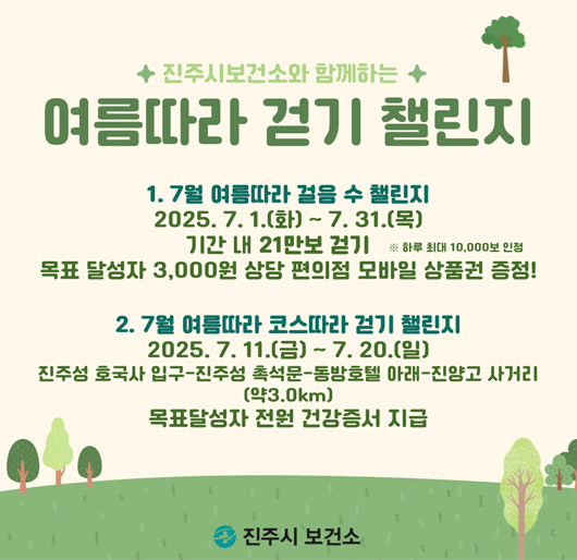 진주시보건소와 함께하는 여름따라 걷기 챌린지
1. 7월 여름따라 걸음 수 챌린지
2025.7.1.(화)~7.31.(목)
기간 내 21만보 걷기 ※하루 최대 10,000보 인정
목표 달성자 3,000원 상당 편의점 모바일 상품권 증정!
2. 7월 여름따라 코스따라 걷기 챌린지
2025.7.11.(금)~7.20.(일)
진주성 호국사 입구-진주성 촉석문-동방호텔 아래-진양고 사거리(약3.0km) 목표달성자 전원 건강증서 지급
진주시 보건소