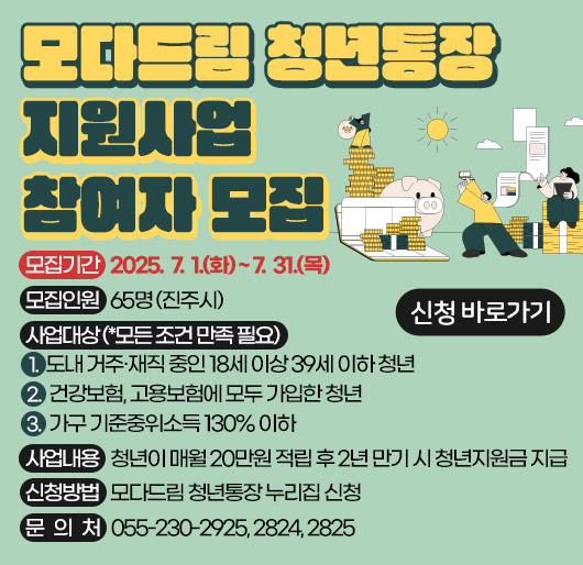 모다드림 청년통장 지원사업 참여자 모집
모집기간 : 2025. 7. 1.(화) ~ 7. 31.(목)
모집인원 : 65명 (진주시)
사업대상(*모든 조건 만족 필요)
1. 도내 거주·재직 중인 18세 이상 39세 이하 청년
2. 건강보험, 고용보험에 모두 가입한 청년
3. 가구 기준중위소득 130% 이하
사업내용 : 청년이 매월 20만원 적립 후 2년 만기 시 청년지원금 지급
신청방법 : 모다드림 청년통장 누리집 신청
문 의 처 : 055-230-2925, 2824, 2825
(신청 바로가기)