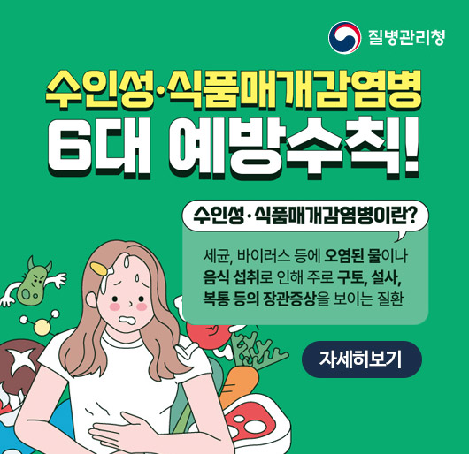 질병관리청
수인성·식품매개감염병 6대 예방수칙!
수인성·식품매개감염병이란?
세균, 바이러스 등에 오염된 물이나 음식 섭취로 인해 주로 구토, 설사, 복통 등의 장관증상을 보이는 질환
자세히보기