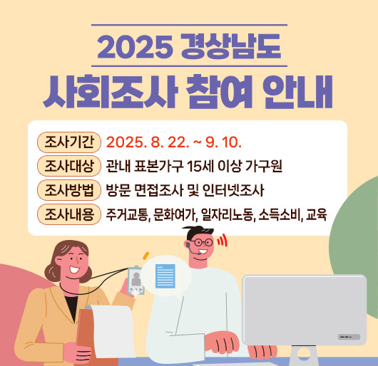 2025년 경상남도 사회조사 참여 안내
조사기간 : 2025.8.22. ~ 9.10.
조사대상 : 관내 표본가구 15세 이상 가구원
조사방법 : 방문 면접조사 및 인터넷조사
조사내용 : 주거교통, 문화여가, 일자리노동, 소득소비, 교육