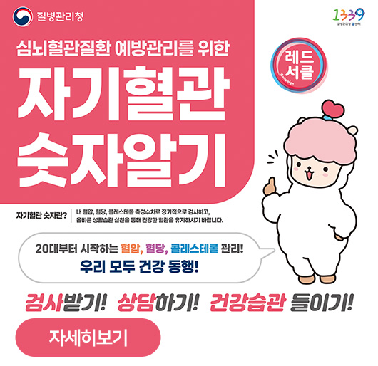 심뇌혈관질환 예방관리를 위한
자기혈관 숫자알기
자기혈관 숫자란? 내 혈압, 혈당, 콜레스테롤 측정수치로 정기적으로 검사하고, 올바른 생활습관 실천을 통해 건강한 혈관을 유지하시기 바랍니다.
20대부터 시작하는 혈압, 혈당, 콜레스테롤 관리!
우리 모두 건강 동행!
검사받기! 상담하기! 건강습관 들이기!
자세히보기