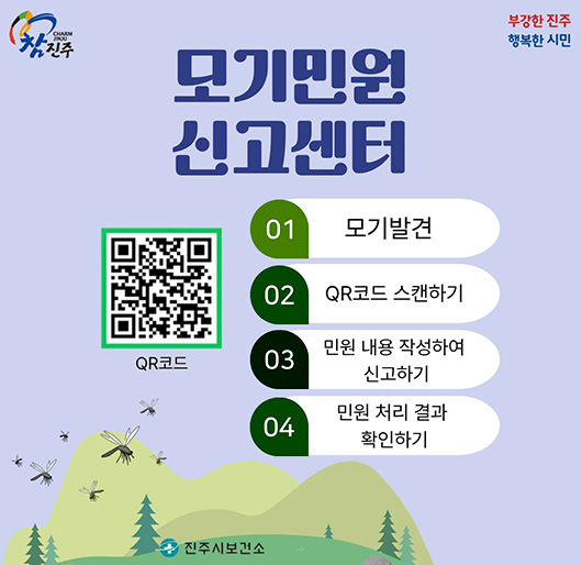 참진주, 부강한 진주 행복한 시민
모기민원 신고센터
01. 모기발견
02. QR코드 스캔하기
03. 민원 내용 작성하여 신고하기
04. 민원 처리 결과 확인하기
QR코드 : https://kdca.dvpd.kr/mosp/ 로 연결됩니다.
진주시보건소