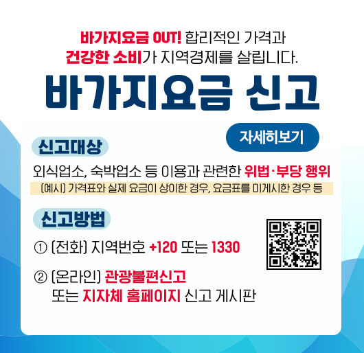 바가지요금 OUT! 합리적인 가격과 건강한 소비가 지역경제를 살립니다.
바가지요금 신고
신고대상 외식업소,숙박업소 등 이용과 관련한 위법.부당 행위
(예시)가격표와 실제 요금이 상이한 경우,요금표를 미게시한 경우 등
신고방법 1(전화)지역번호+120 또는 1330
2(온라인)관광불편신고 또는 지자체 홈페이지 신고 게시판
(관광불편신고 QR코드 바로가기)
자세히보기
