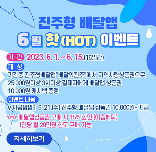 『진주형 배달앱』6월 핫(HOT) 이벤트
기 간 : 2023. 6. 1. ~ 6. 15.(15일간)
대 상 : 기간중 진주형배달앱“배달의진주”에서 지역사랑상품권으로 25,000원이상 3회이상 결제자에게 배달앱 상품권 10,000원 캐시백 증정
이벤트 내용
지급방법 : 6. 21.(수) 진주형 배달앱 상품권 10,000원* 지급
☆☆ 배달앱상품권 구매 시 15% 할인 (이중혜택) 1인당 월 20만원 한도 구매 가능
자세히 보기