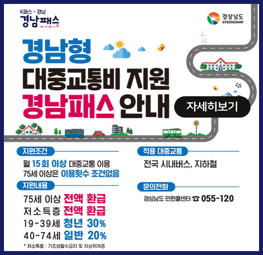 k패스-경남
경남패스
경상남도
경남형 대중교통비 지원 경남패스 안내
지원조건 : 월 15회 이상 대중교통 이용 75세 이상은 이용횟수 조건없음
지원내용 : 75세 이상 전액 환급, 저소득층 전액 환급, 19~39세 청년 30%, 40~74세 일반 20%
*저소득층 : 기초생활수급자 및 차상위계층
적용 대중교통 : 전국 시내버스 지하철
문의전화 : 경상남도 민원콜센터 055-120
자세히보기