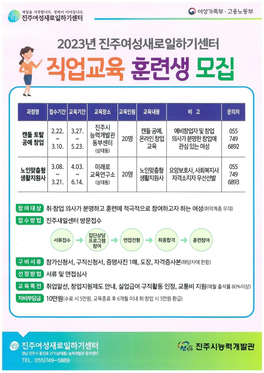 진주새일센터, 경력단절여성 대상 직업교육훈련생 모집 