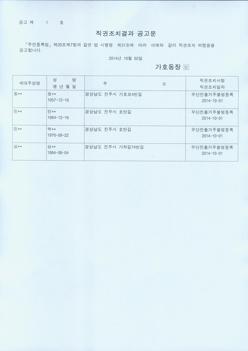 직권조치결과공고문