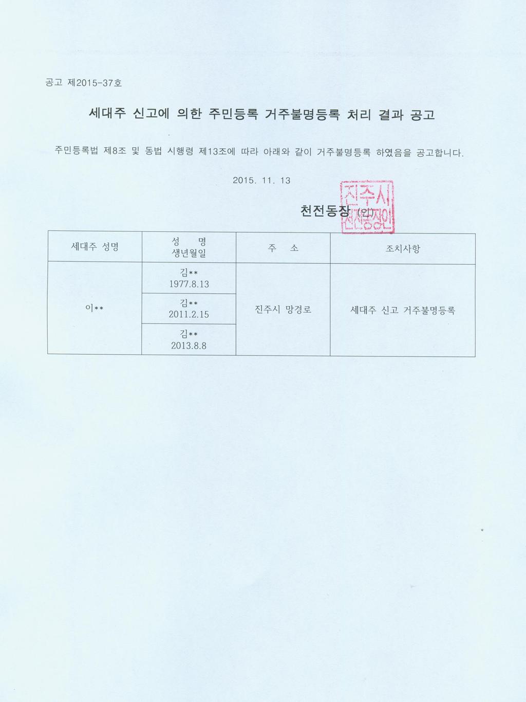세대주 신고에 의한 주민등록 거주불명등록 처리 결과 공고