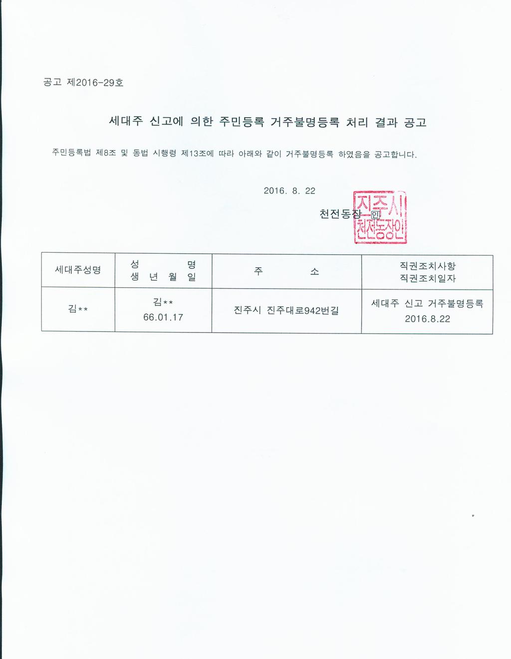 세대주 신고 거주불명등록 처리 결과 공고문