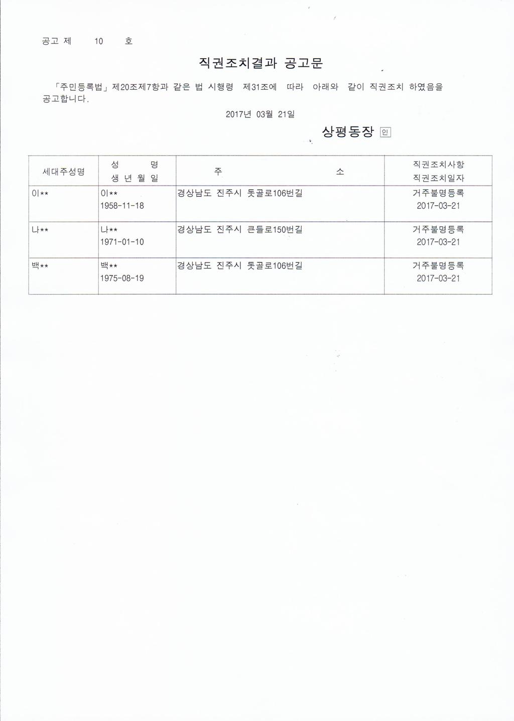 행정상 관리주소 이전 직권조치결과 공고문