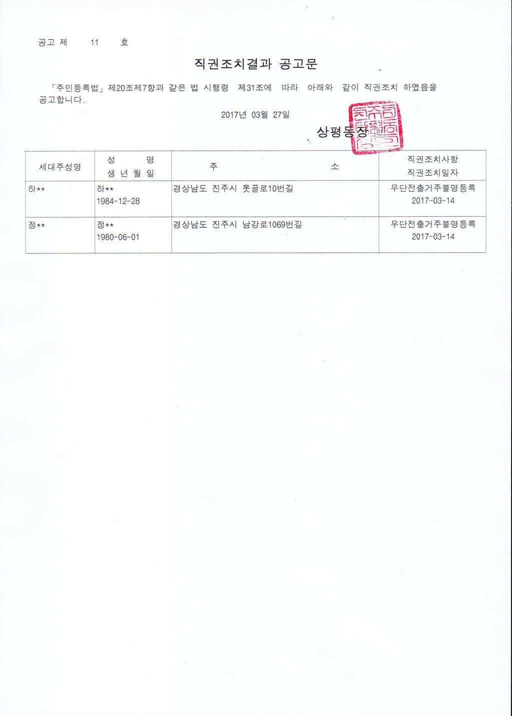 직권조치 결과 공고문