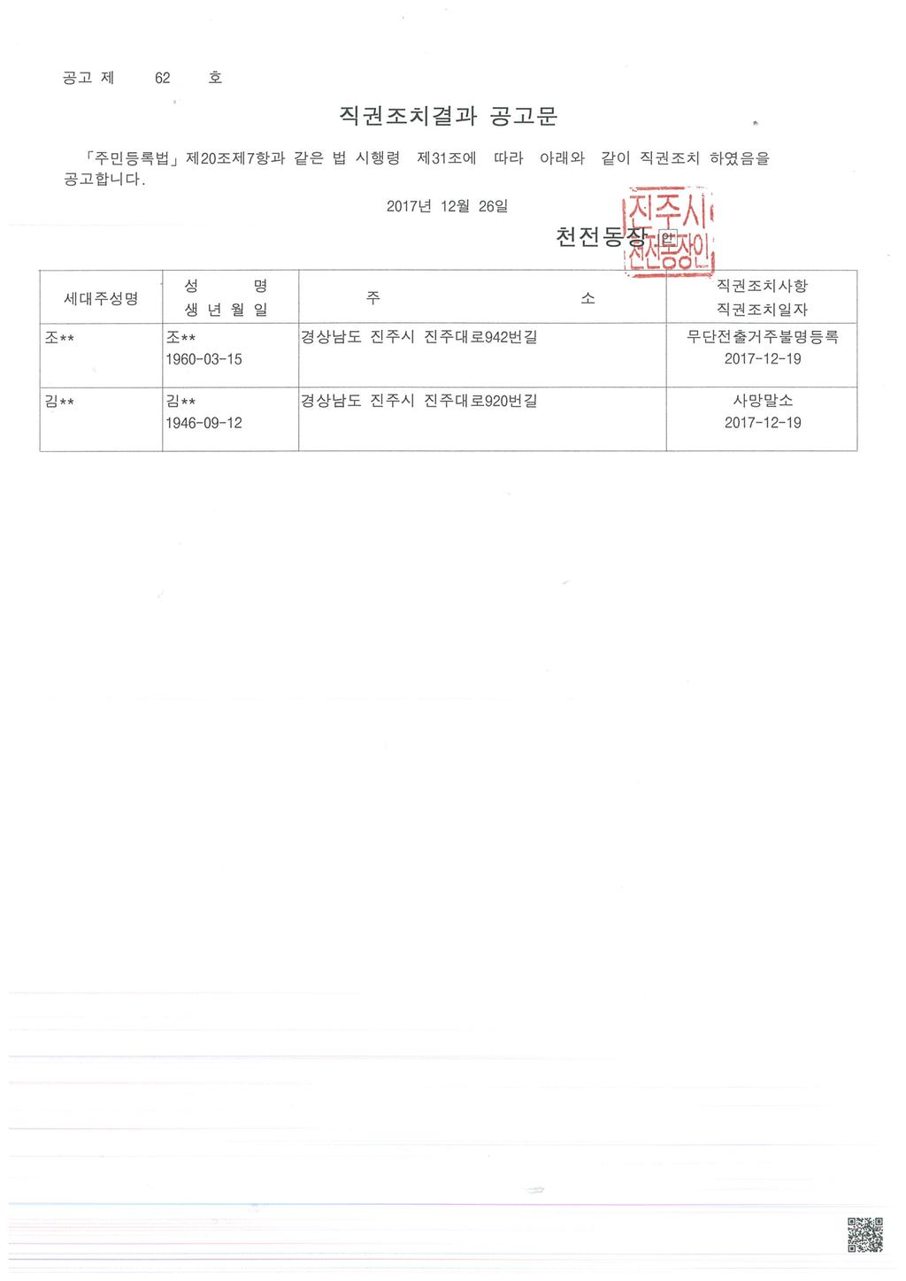 주민등록 무단전출 및 사망지연자 직권조치 공고