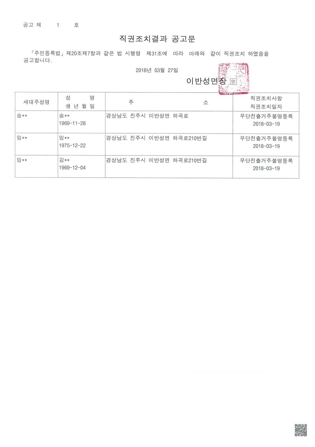 직권조치결과 공고문