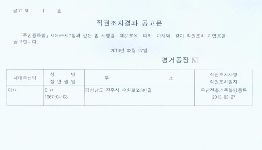 직권조치공고문