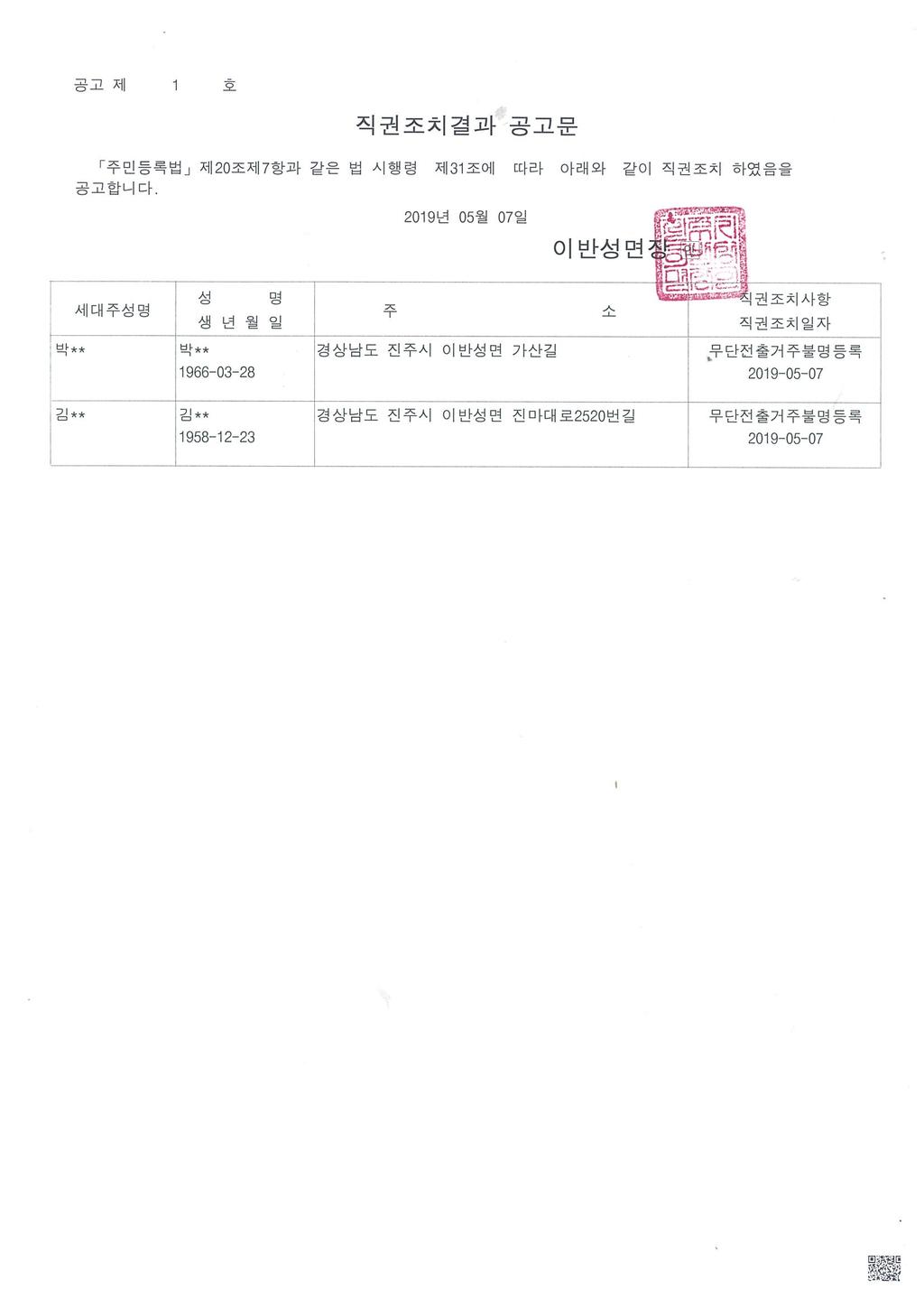 직권조치결과 공고문 1부