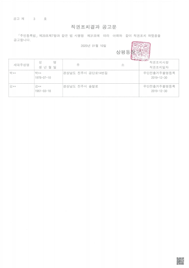 직권조치 결과 공고문