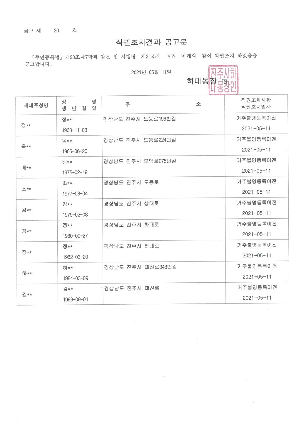 직권조치결과 공고문