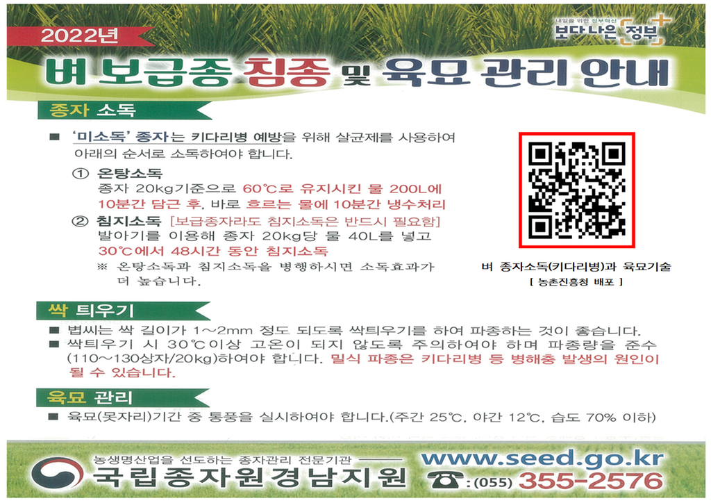 벼 보급종 침종 및 육묘 관리 안내