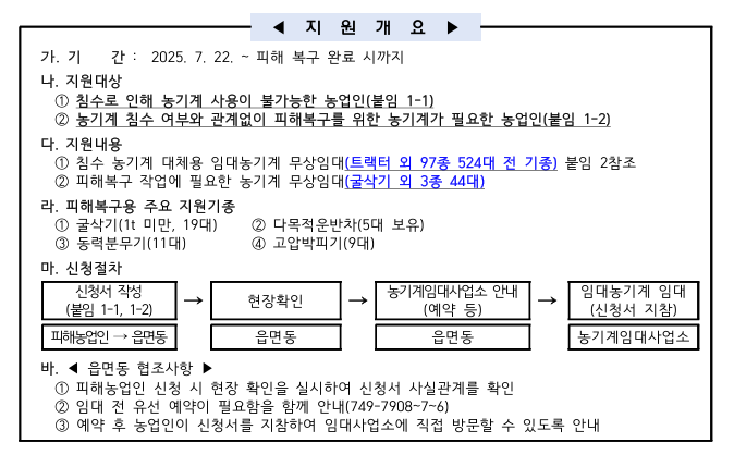 수해 피해 복구를 위한 농기계 무상임대 지원 안내