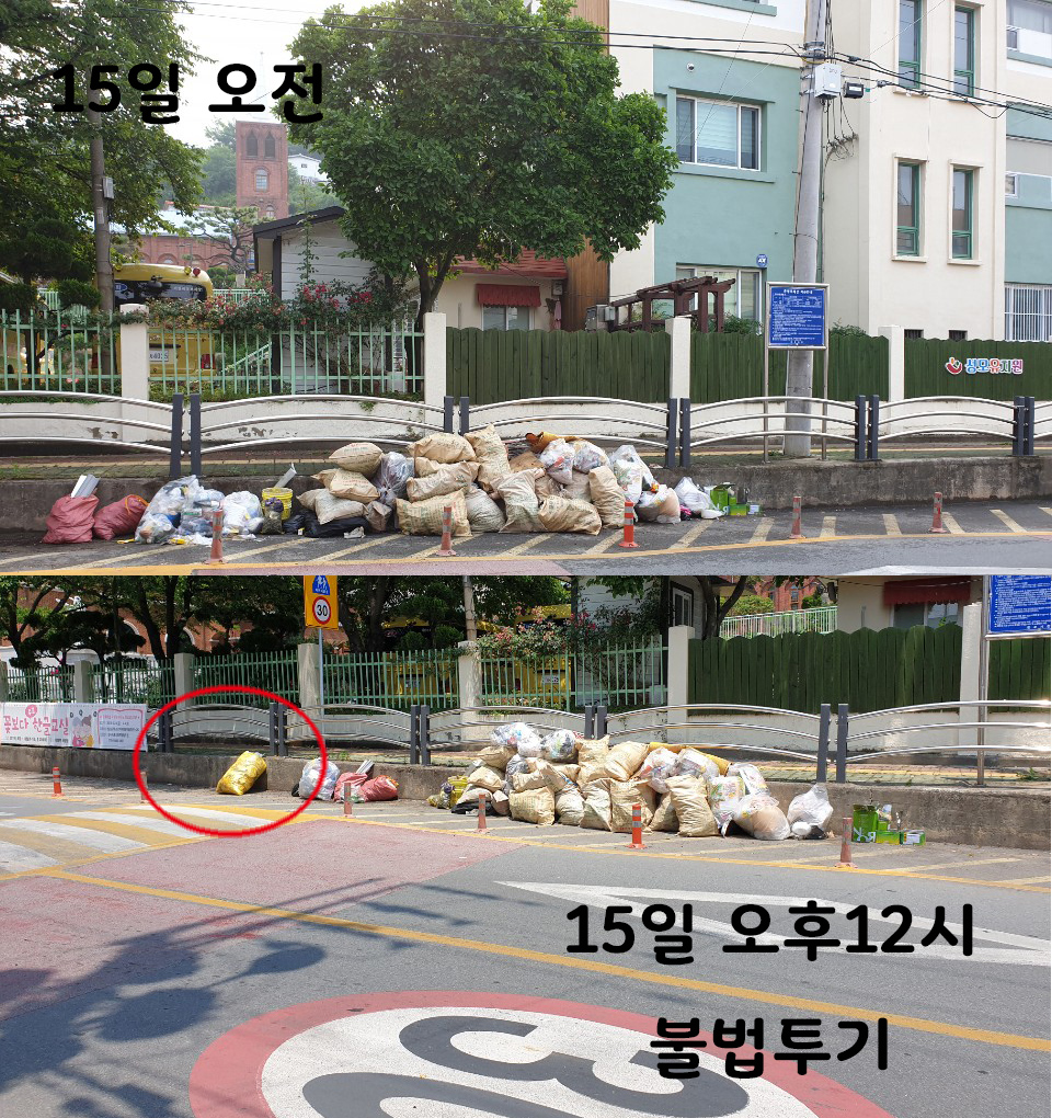 15일 오전과 오후 - 낮에도 배출된 불법쓰레기