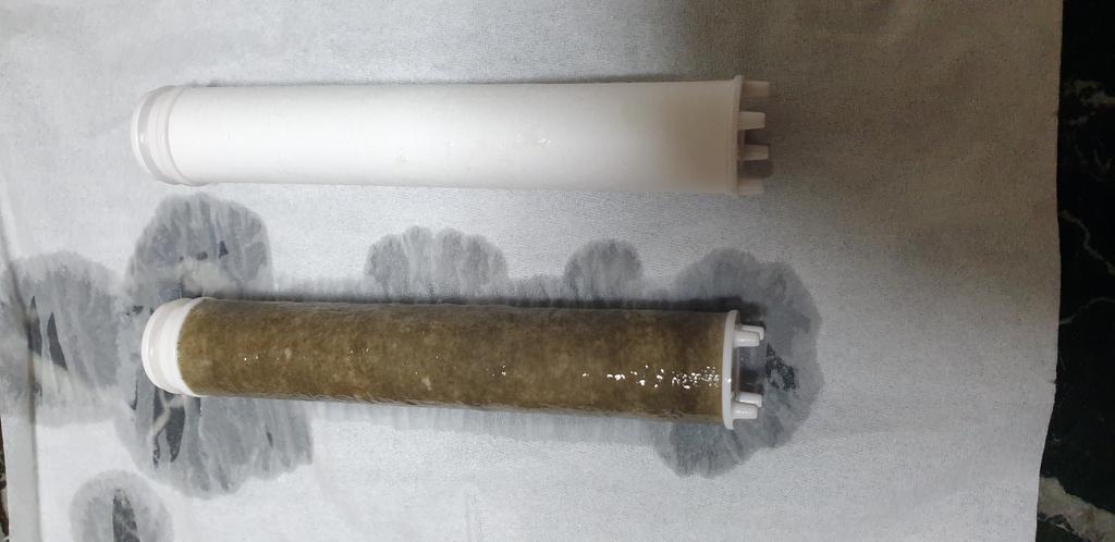 새 필터와 비교 사진입니다.  2개월정도 사용한 샤워기 필터가 저 모양입니다. 만지면 물고기 만지듯 미끌미끌합니다.