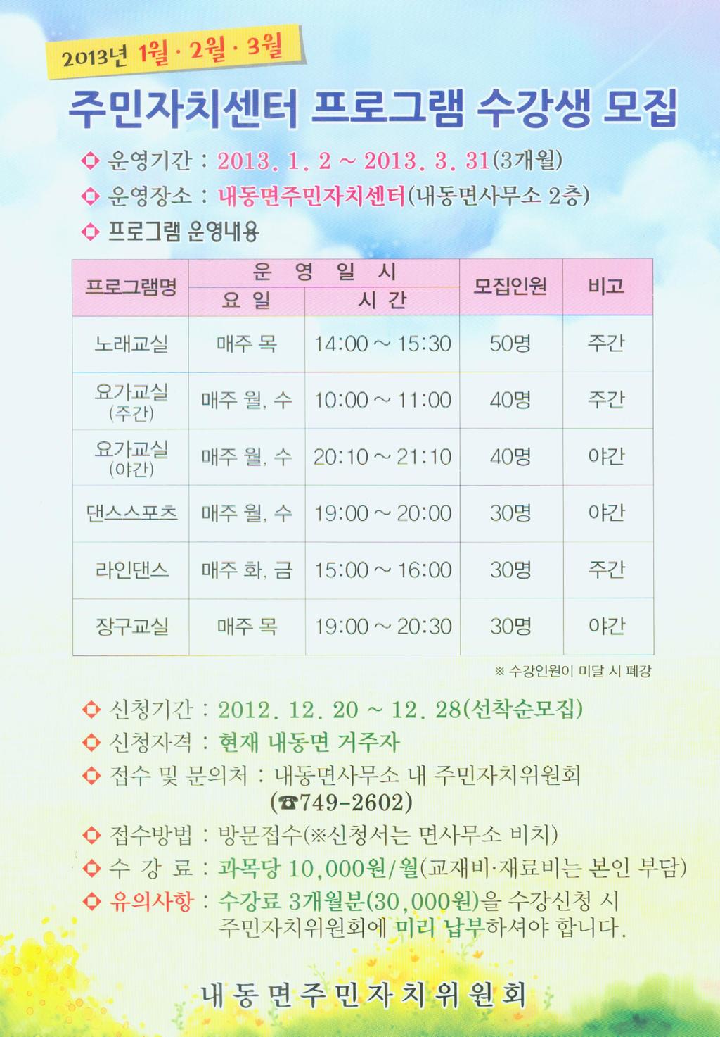 2013년 1/4분기 주민자치센터 프로그램 수강생 모집 안내