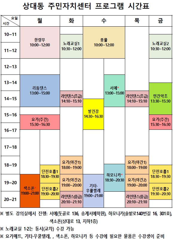 상대동 주민자치센터 프로그램 시간표