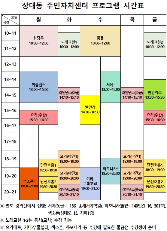 상대동 주민자치센터 프로그램 시간표