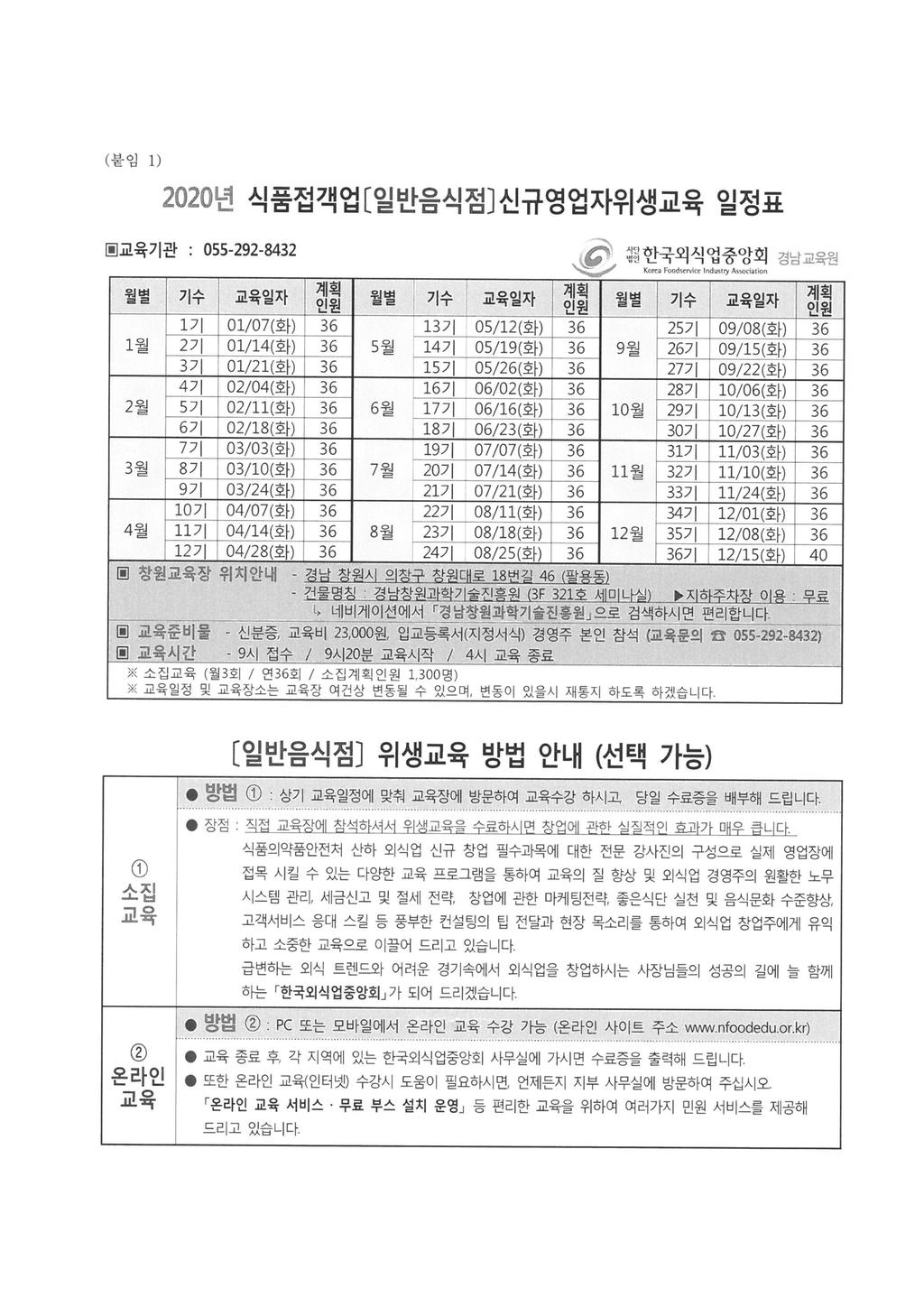 2020년 일반음식점 신규위생교육 안내