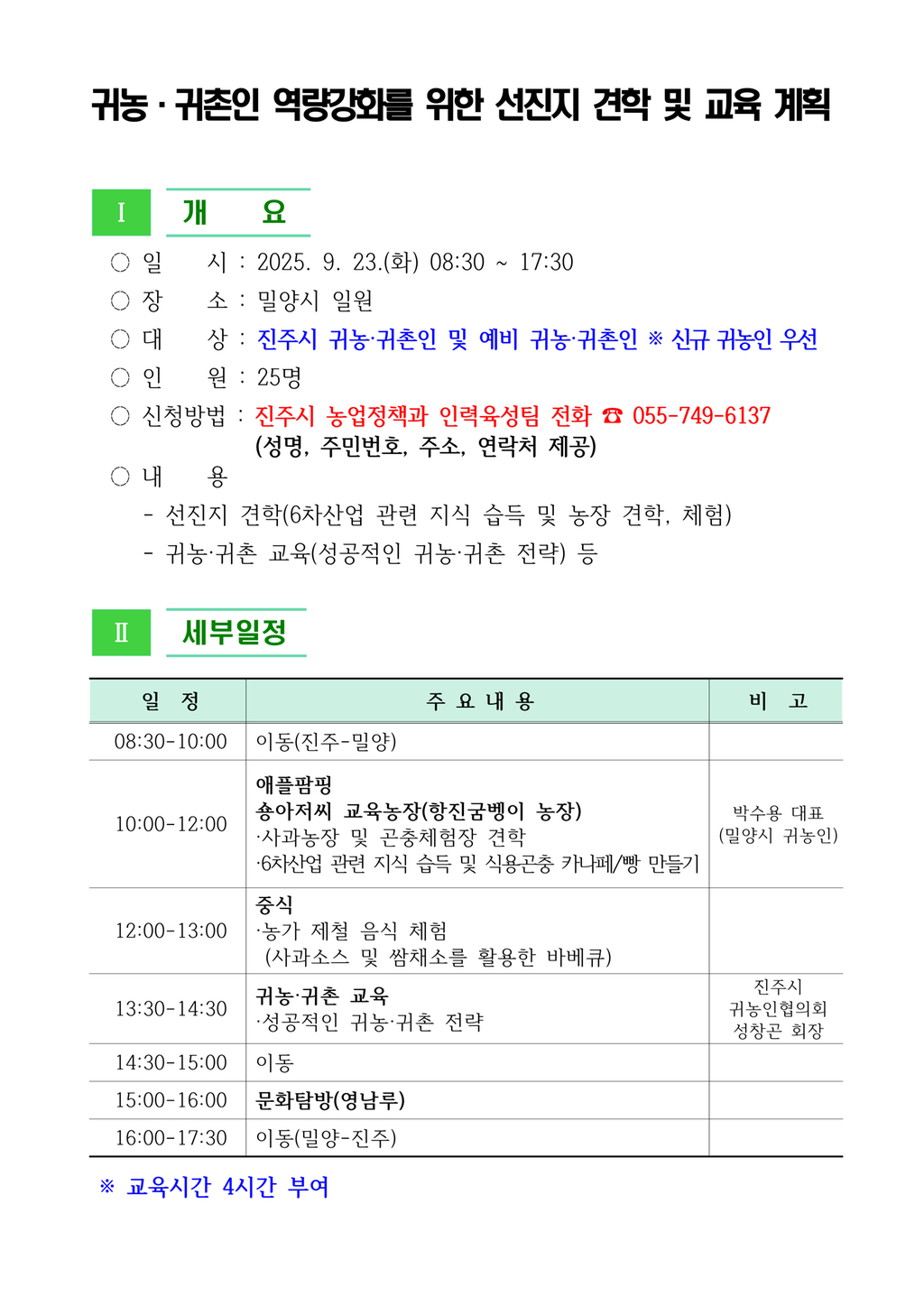 귀농·귀촌인 역량강화를 위한 선진지 견학 및 교육 계획