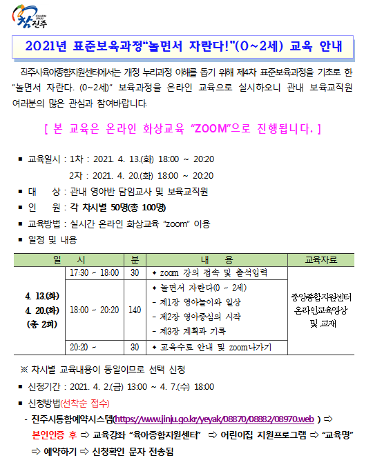 2021년 표준보육과정“놀면서 자란다!”(0~2세) 교육 안내문