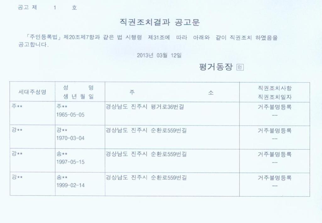 직권조치결과 공고문