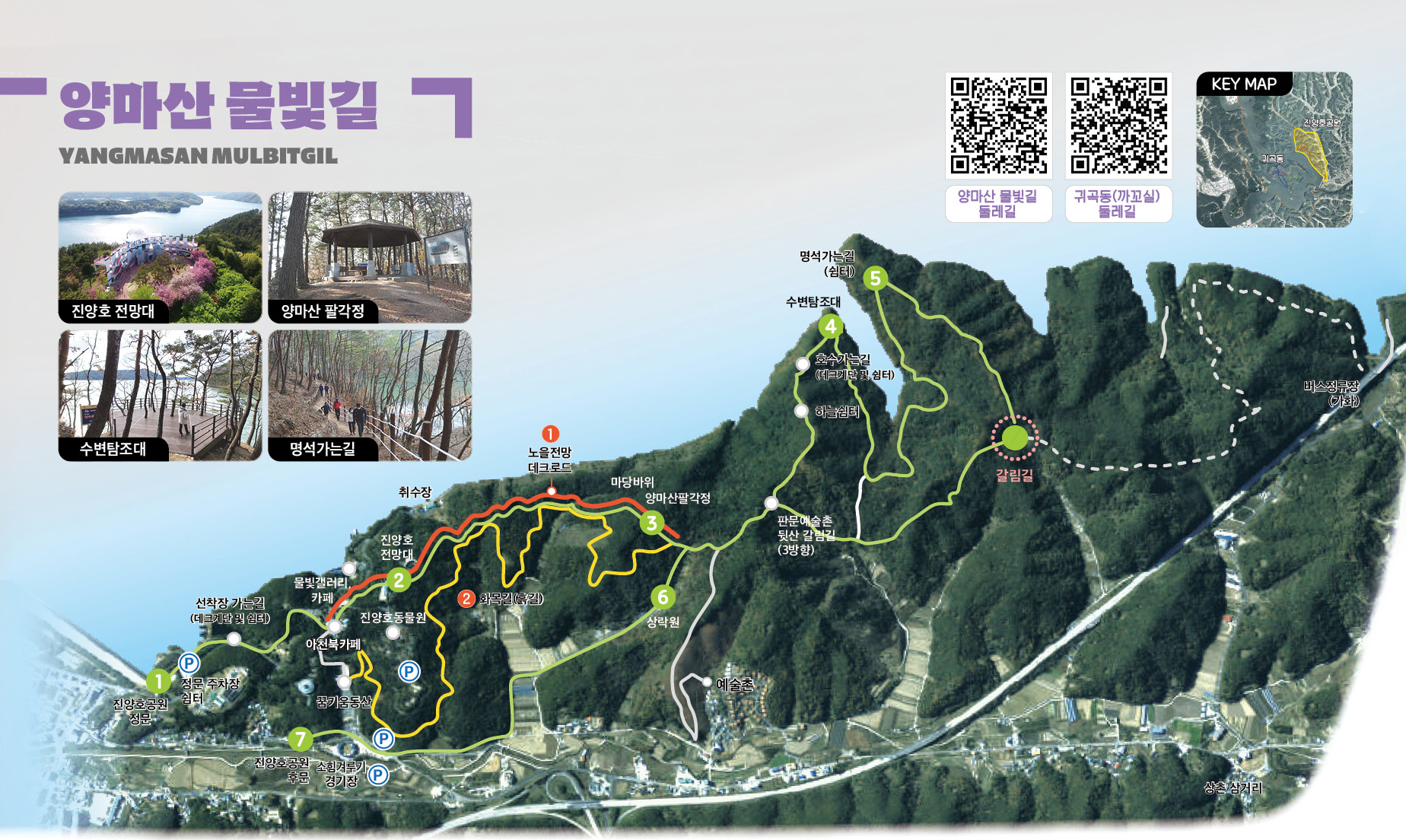 양마산 물빛길 종합안내도, 진양호 전망대, 양마산 팔각정, 수변탐조대, 명석가는길